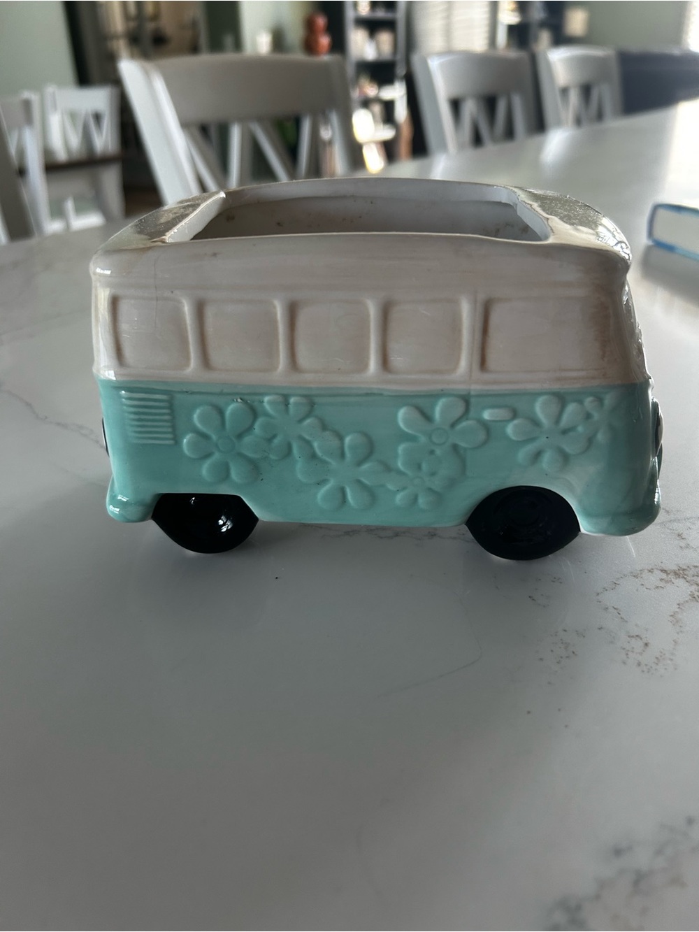 Ceramic Flower VW Bus Planter - Cream and Aqua